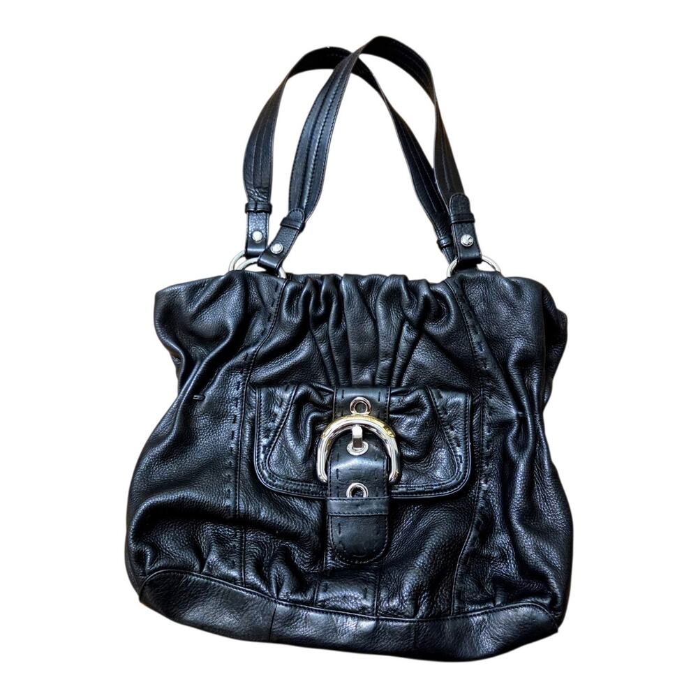 B. Makowsky Black Leather Shoulder Bag Hobo Purse Leopard Print Lining Buckle